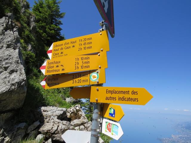 Wegweiser beim kleinen Einschnitt. Links geht es über einen einfachen Wanderweg nach Glion