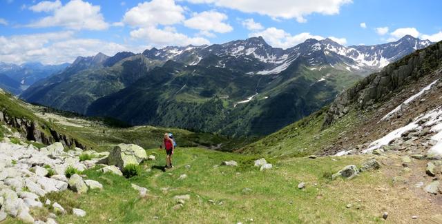 schönes Breitbildfoto mit Blick hinunter und auf die gegenüberliegende Talseite des Val Bedretto