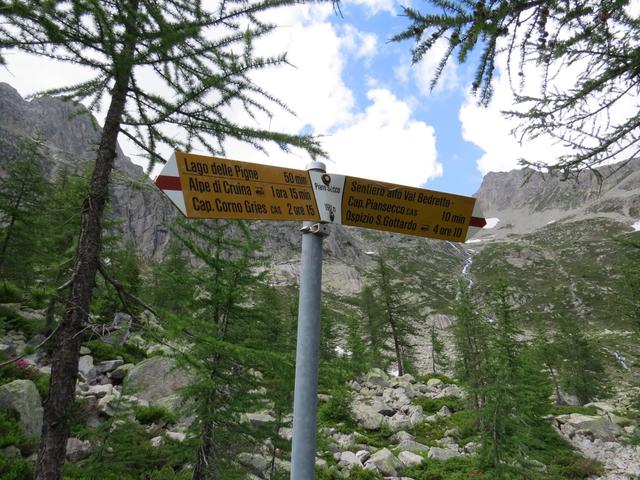 Wegweiser bei der Alpe Piansecco 1983 m.ü.M.