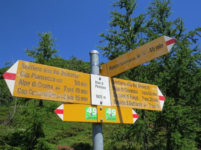 Weggabelung auf der Alpe di Pesciora 1920 m.ü.M. geradeaus geht es weiter Richtung Gotthardpass