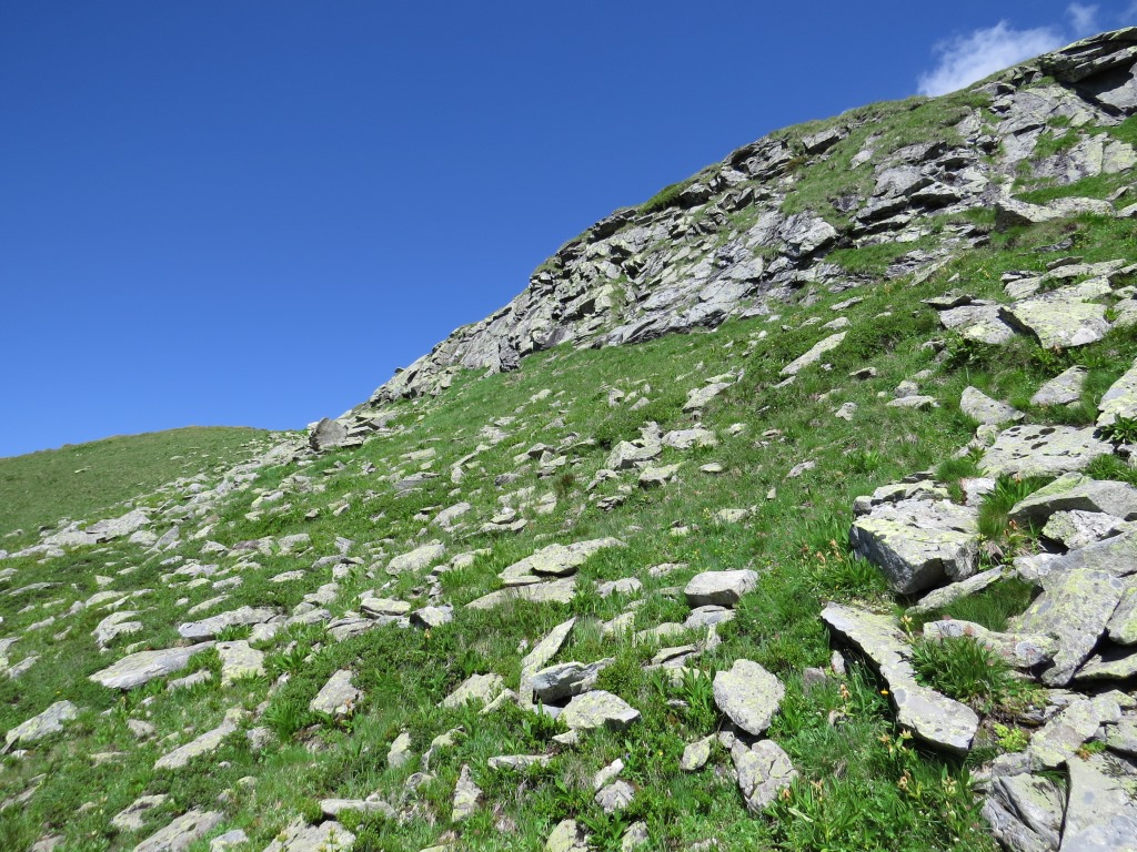 nach einer kurzen Rast umlaufen wir vom Pass in Blickrichtung zu dem von hier nicht einsehbaren Tomülhorn...