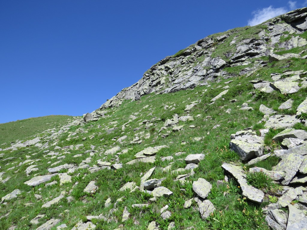 nach einer kurzen Rast umlaufen wir vom Pass in Blickrichtung zu dem von hier nicht einsehbaren Tomülhorn...