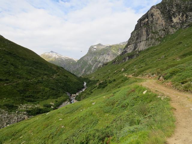 der Alpweg wird schmaler und läuft parallel zum Flussufer 1935 m.ü.M. das Hochtal hinauf