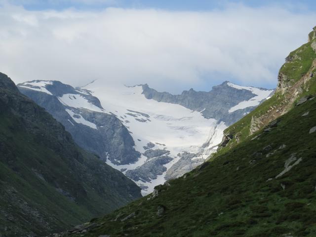 vor uns eröffnet sich nun ein imposanter Ausblick auf das wie eine Eispyramide zugespitzte Rheinwaldhorn mit dem Läntagletsche