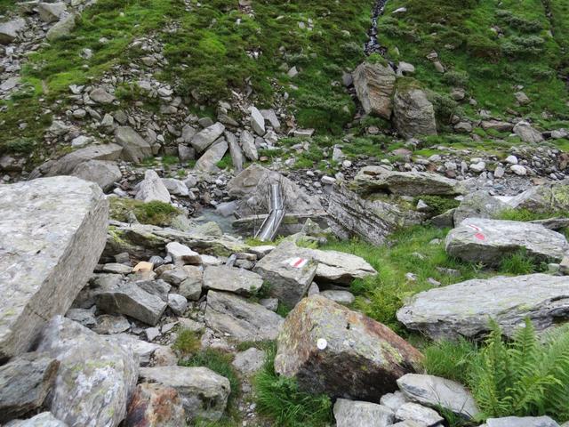 steil geht es nach der Abzweigung hinunter zum Valser Rhein