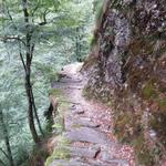 der direkt an der steilen Felswand angebrachte Steinplattenweg, biegt nun rechts in das Valle di Ringio hinein