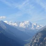 Blick Richtung Zermat mit Klein Matterhorn, Breithorn, Pollux und Castor