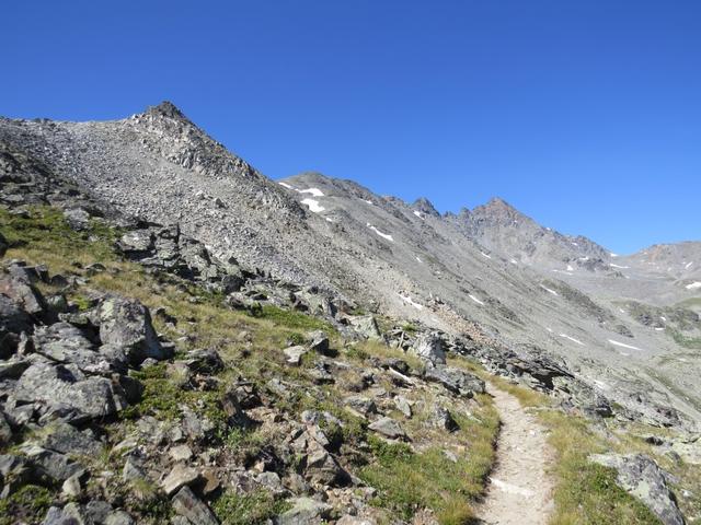 durch felsiges Gebiet und über die letzten Grasteppiche, geht es danach über Äbiheji 2488 m.ü.M...