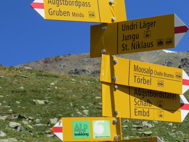 bei der Gabelung 2530 m.ü.M. wo der Weg von Embd heraufkommt, wenden wir uns abrupt nach links Richtung Augstbordpass