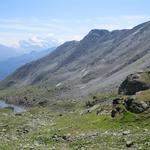 Blick zurück zum Nordhang des Steitalgrats den wir durchquert haben. Am Horizont erkennt man Monte Leone und Fletschhorn