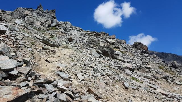 rechterhand auf der Ostseite des Passes folgen wir gut ersichtliche Pfadspuren Richtung Norden