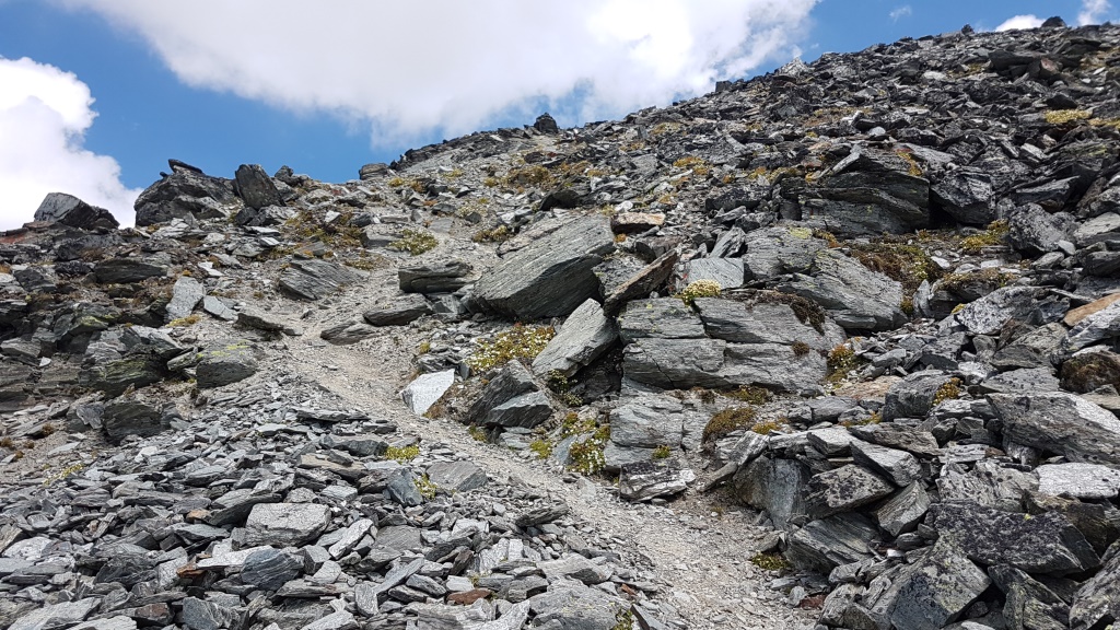 steil geht es nun auf den nicht markierten Bergpfad hinauf an den Fuss des Gipfelaufbaus 3020 m.ü.M.