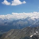 Blick zum Fletschhorn, Riedgletscher, Balfrin, die Mischabelgruppe mit Dom