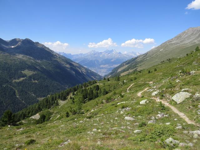 ab Oberstafel wird es nun zunehmend steiler. Wir blicken Talauswärts ins Rhonetal