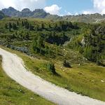 über eine Alpstrasse mit leuchtend weissem Kies, laufen wir nun Richtung Hotel Weisshorn