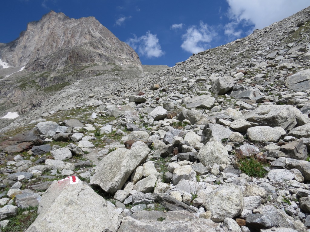 der Wanderweg wird nun definitiv alpiner. Vorher dominierten Alpen im satten grün. Ab jetzt Stein, Fels und Eis