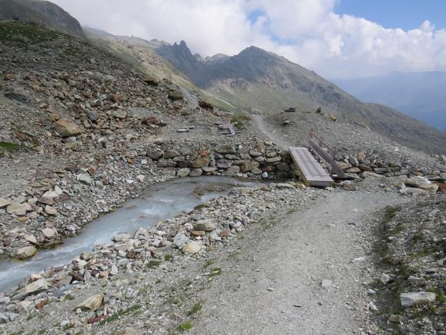 wir stehen vor dem Abfluss des Glacier des Ignes. Eine Brücke weist uns den Weg über sein breites Bett