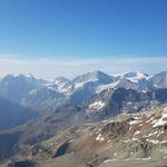 Blick Richtung Mont Brulé, Mont Collon, L'Evéque, Petit Mont Colllon, Pigne d'Arolla, La Serpentine und Mont Blanc de Cheilon