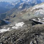 Blick in den hochalpinen Geröllkessel von wo wir hinaufgestiegen sind, und zur Cabane