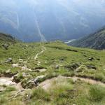 über die grünen Hänge von Les Crosayes, an den Alphütten von Remointse du Sex-Blanc 2417 m.ü.M. vorbei, geht es abwärts