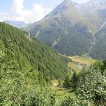 Blick ins Val d'Arolla, und zum Dorf Satarma. Links im Wald gut ersichtlich der Roc de Satarma