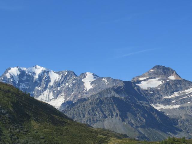 wir geniessen den sehr schönen Blick auf Fletschhorn, Senggchuppa, Gamserchopf und Böshorn