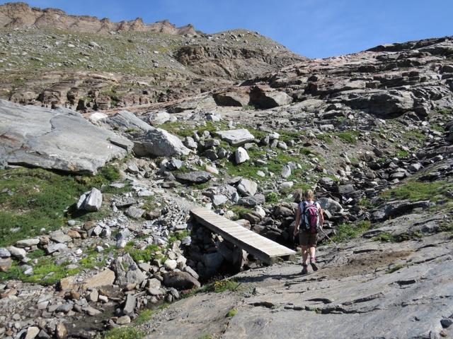 der erste tosende Gletscherbach wird überwunden 2514 m.ü.M., dank den Fixseilen und Holzbrücken kein Problem