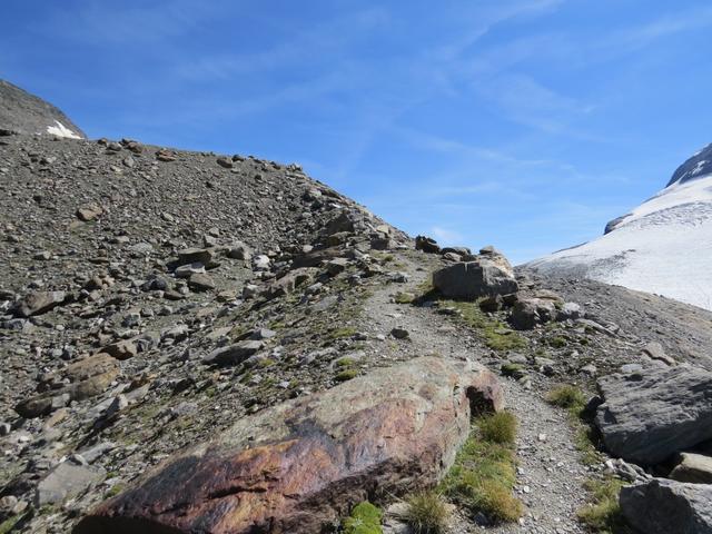 zwischen Moräne und Gletscher führt uns der Bergweg aufwärts, bis wir abrupt die Kante der Passhochfläche erreichen 2786 m.