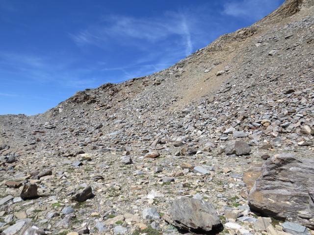 beim Pass biegen wir links ab und nehmen den steilen markierten Bergweg unter die Füsse