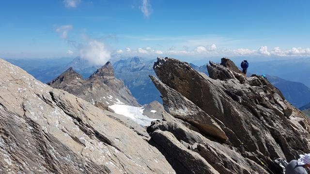 über den wilden, zersägten Felskamm aus Kalk schauen wir zum Plan Névé Gletscher hinunter