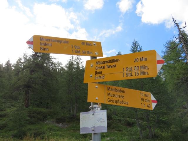 ...zur Weggabelung Punkt 2004 m.ü.M. Der links abbiegende Wanderweg zum Mässersee beachten wir nicht,...