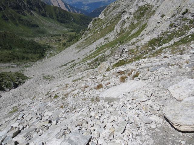 der steile durch eine Geröllhalde aus schiefrigen Platten führende Bergweg steht uns nun bevor