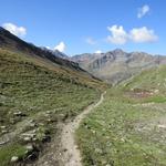 linkerhand leitet uns der Wanderweg kurz hinab auf die Westseite des Bistinepass,...