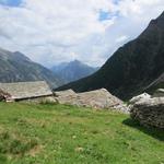 über die Dächer der Hütten von Rossbodenstafel blicken wir zum Seehorn 