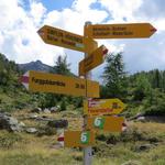 Wegweiser bei der Wintrigmatte. Von der Mäderlücke (Monte Leone Hütte) sind wir auch schon hinunter gewandert