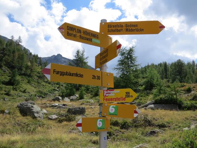 Wegweiser bei der Wintrigmatte. Von der Mäderlücke (Monte Leone Hütte) sind wir auch schon hinunter gewandert