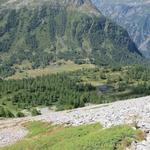 Blick hinunter zum Bergsee und zur Passhöhe Furggu