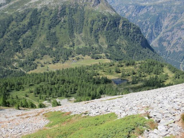 Blick hinunter zum Bergsee und zur Passhöhe Furggu