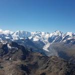 Piz Cambrena, Piz Palü, Bellavista, Piz Bernina mit dem Biancograt. Nicht zu vergessen Piz Morteratsch und Piz Roseg