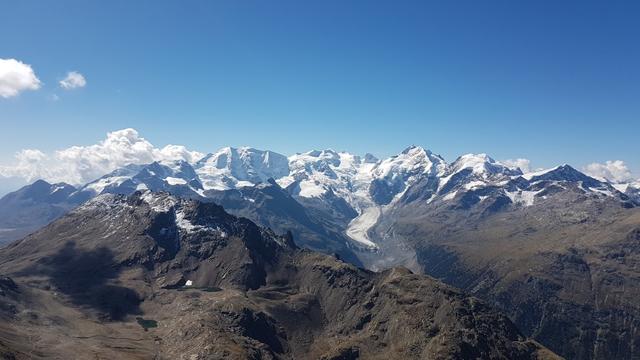 Piz Cambrena, Piz Palü, Bellavista, Piz Bernina mit dem Biancograt. Nicht zu vergessen Piz Morteratsch und Piz Roseg