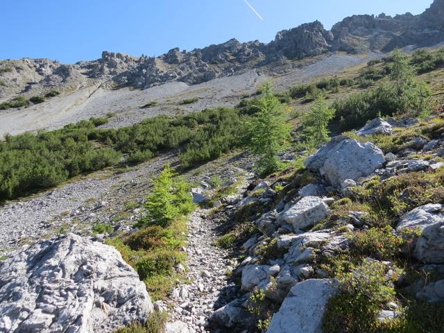 Blick hinauf zum Höhenrücken vom Spi da Murtaröl. Auf dem Rückweg werden wir dort oben hindurchwandern