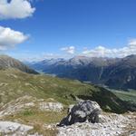 der Blick reicht über einen grossen Teil des Oberengadin und dem friedlich dahinströmenden Inn