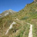 durch Wiesen und unter einer Felswand entlang, folgen wir den nun langsam flacher werdenden Wanderweg