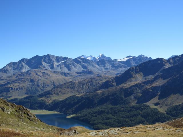 die Aussicht wird mit zunehmender Höhe grandioser. Am Horizont tauchen die Eisriesen z.B. der Piz Roseg auf