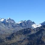 Blick Richtung Piz Bernina mit Biancograt, Piz Scerscen, Piz Roseg, Piz Glüschaint mit Vadret dal Tremoggia