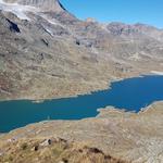 wir blicken hinunter zum hellen Lago Bianco. Er wird von Gletscherwasser vom Piz Cambrena gespeist