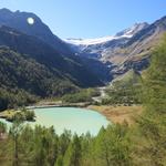 wir blicken hinunter zum Palüsee und Alp Palü. Was für eine schöne Gegend