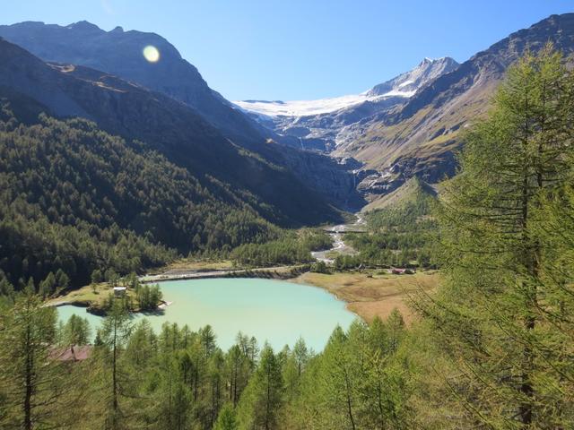 wir blicken hinunter zum Palüsee und Alp Palü. Was für eine schöne Gegend