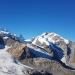 in blendendem Weiss ragen Bellavista, Crast'Agüzza, Piz Bernina und Piz Morteratsch in den tiefblauen Himmel