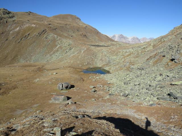 Blick zurück zur Weggabelung und Bergsee kurz unterhalb der Fuorcla Sassalba